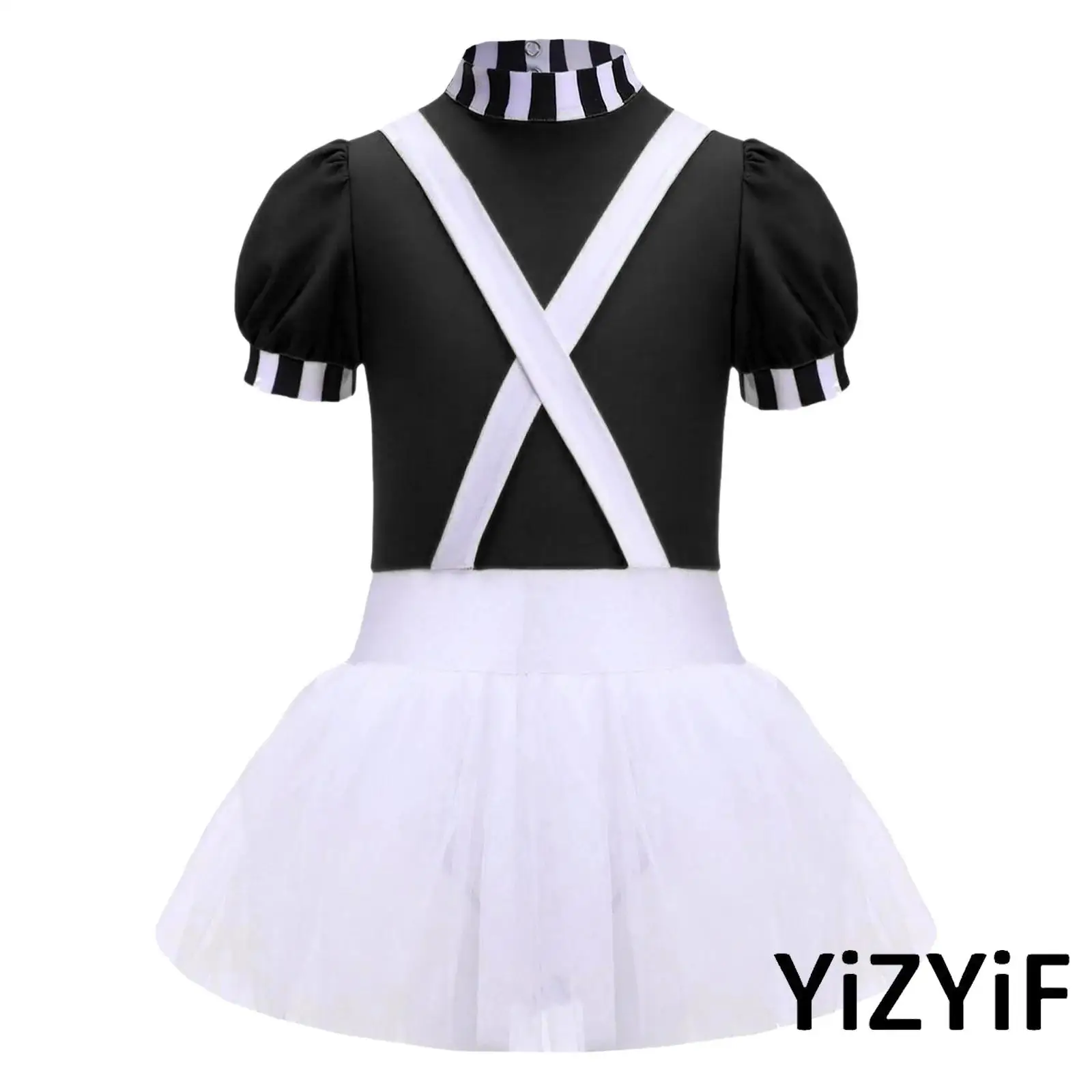 Traje de juego de rol de trabajador Willy Wonka para niñas, vestido de manga corta con tirantes adjuntos de corte en la espalda para Cosplay de Halloween