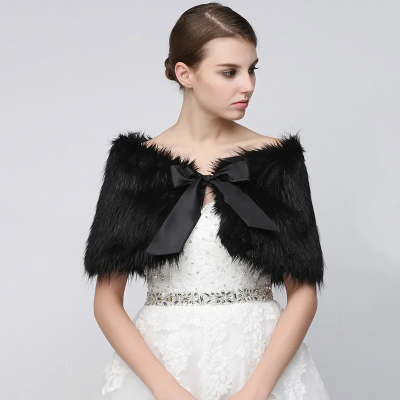 

In Stock Wedding Bridal Wraps Black Faux Fur Bolero Winter Bride Wedding Shawls with Bow Wedding Accessories