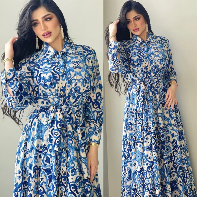 

Autumn Women's Fashion Printed Elegant Flared Shirt Tie Dress Muslim Long Dress Robe Abaya Ramadan Dubai Luxury Islam Elegant