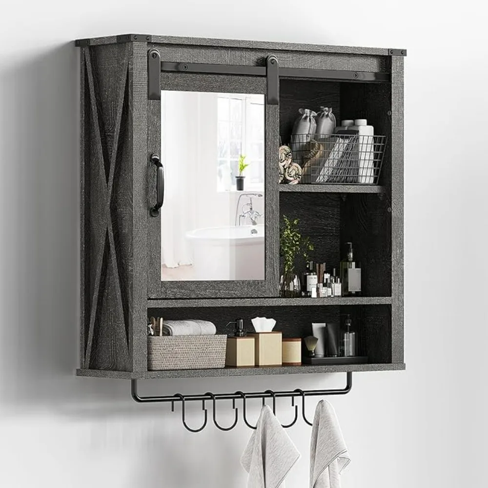 

Bathroom Wall Cabinet, Farmhouse Medicine Cabinet with Sliding Mirror Door and Adjustable Shelves