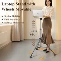 Eary Wooden Laptop Stand Portable Tripod Floor Holder Mobile Stand Up Desks with Wheels 32-57\