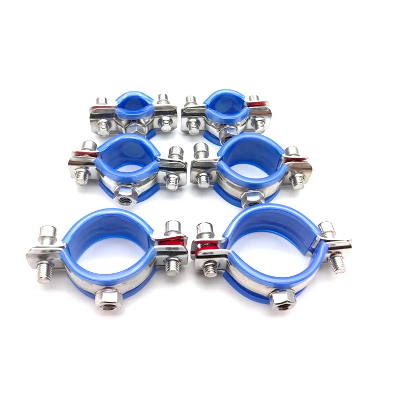 SS304 Pipe Clamp with Blue Rubber Cushion 19-102mm Tube Holder M8 Thread Fixing Bracket for Vibration Reduction Plumbing HVAC
