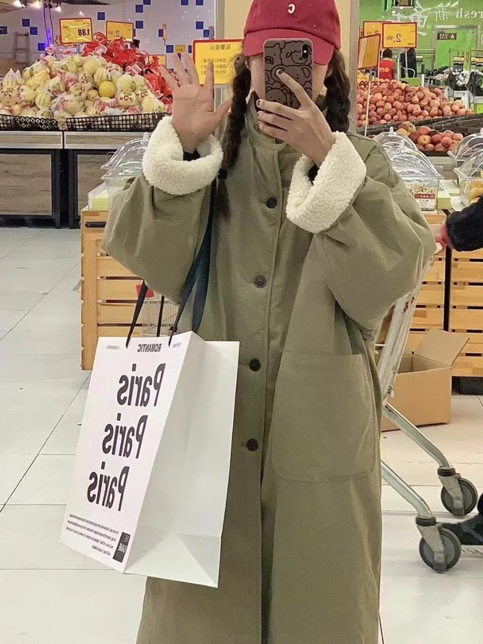 

Lamb Fur Cotton Coat Women's Loose Stand Collar Thiened Winter Warm Double-Sided Wear Cotton Jaet Long Sve Button Closure