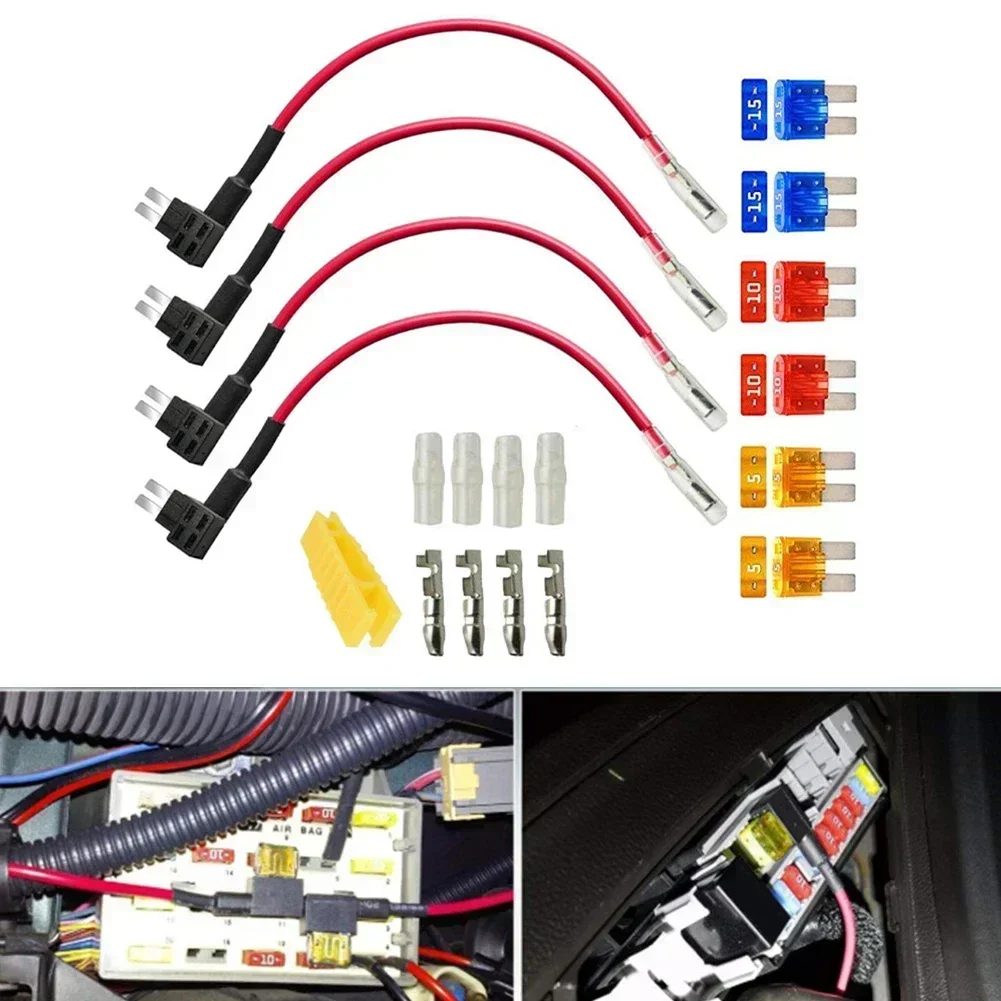 4Pcs 12V-24V Add-A-Circuit Fuse Extractor 2 Fuse Connectors 5A 10A 15A Piggy Back Blade Fuse Holder With Wire Harness