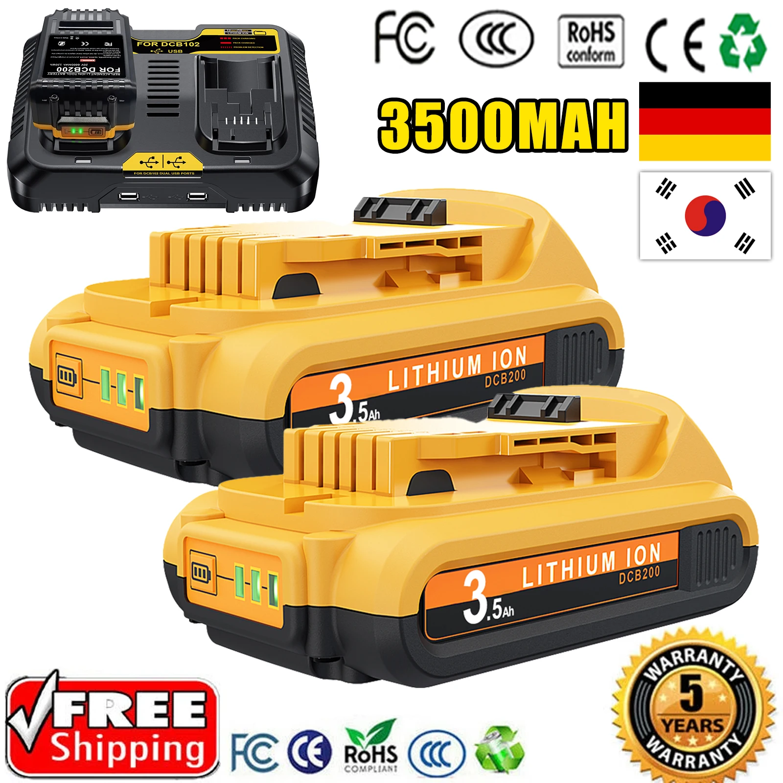 3500MAH For Dewalt DCB200 20V Replacement Battery Compatible For Dewalt 20V DCB200 DCB101 DCB115 Tools Battery Dual Charger