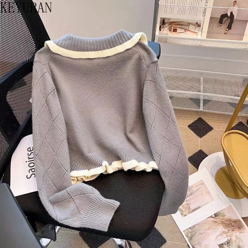 Vintage Ruffles Peter Pan Collar Sweater Women 2024 Autumn Winter Elegant Long Sleeve Kawaii Bow Argyle Knitted Cardigan Jacket