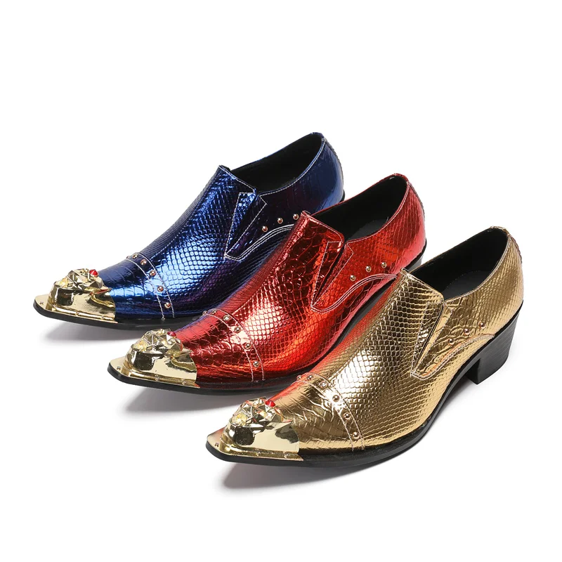 

British Genuine Leather Shoes For Men Red Blue Snake Skin High Heels Oxfords Decor Metal Gold Toe Party Wedding Man Dressing