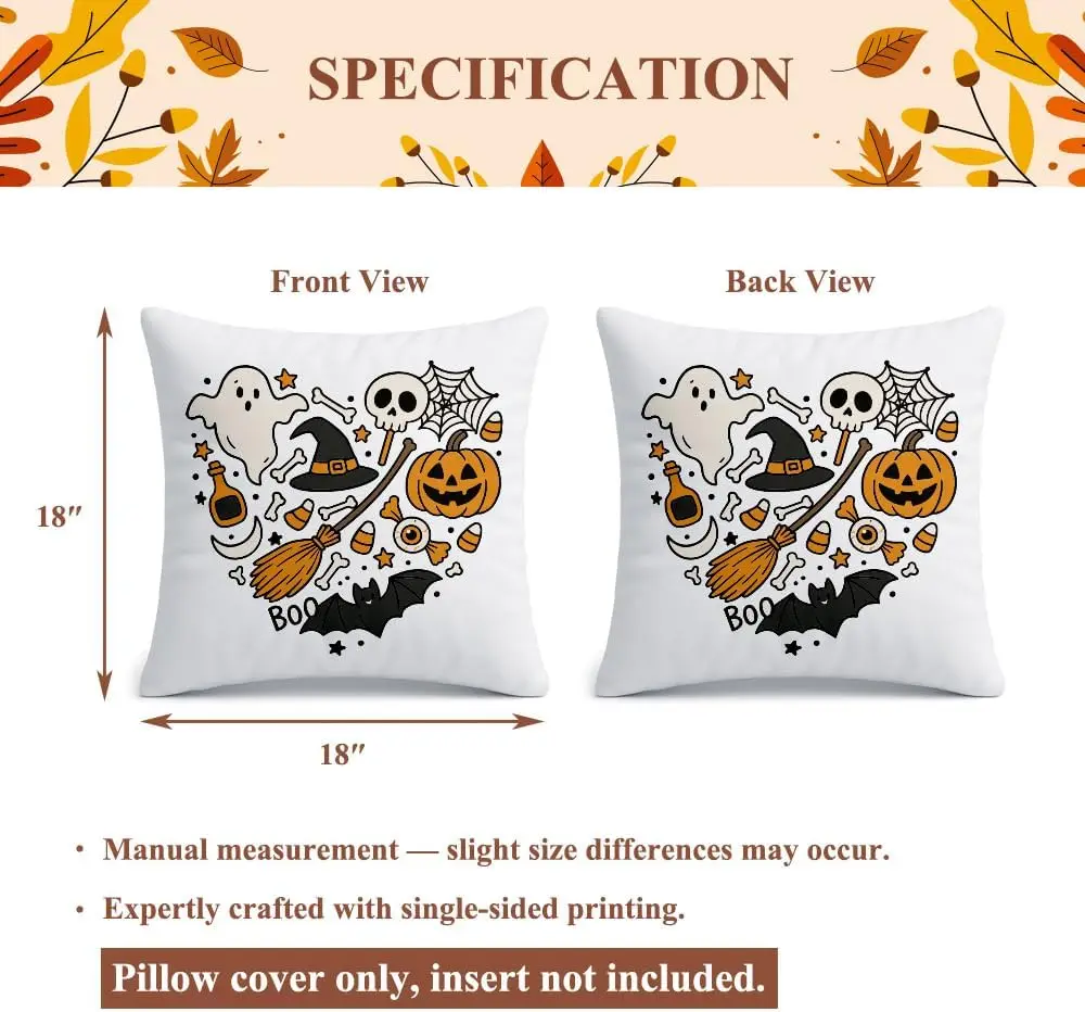 Cute Halloween Throw Pillow Cover 18x18,Halloween Ghost Pumpkin Witchy Cushion Bat Designs,Fall Thanksgiving Linen Decorative