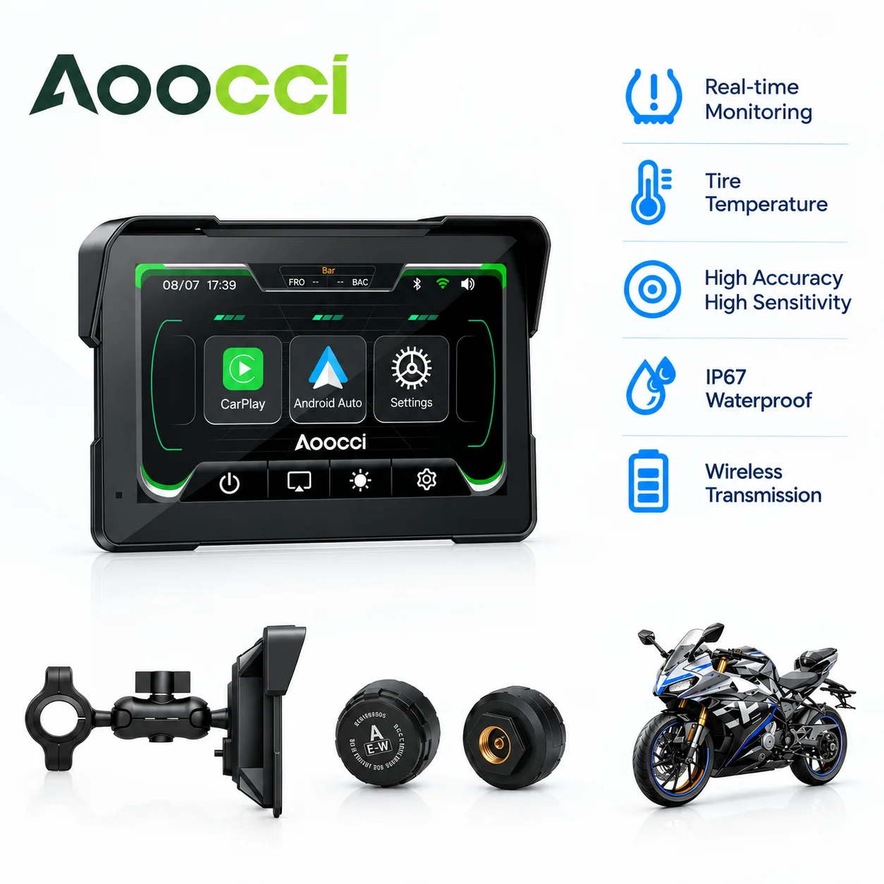 Aoocci C7 Motorcycle Carplay with TPMS,7in Wireless GPS Navigation Moto CarPlay & Android Auto,Dual Bluetooth IP67 Waterproof