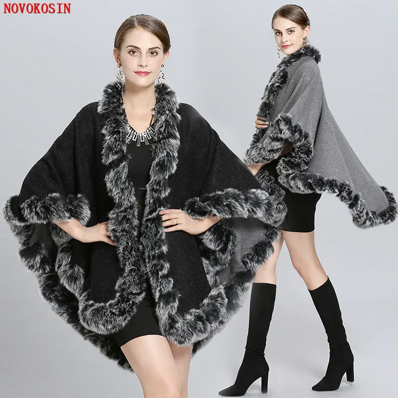 Fashion Women Oversize Winter Luxury Cashmere Black Grey String Faux Fur Poncho Female Double Side Streetwear Loose Shawl Coat