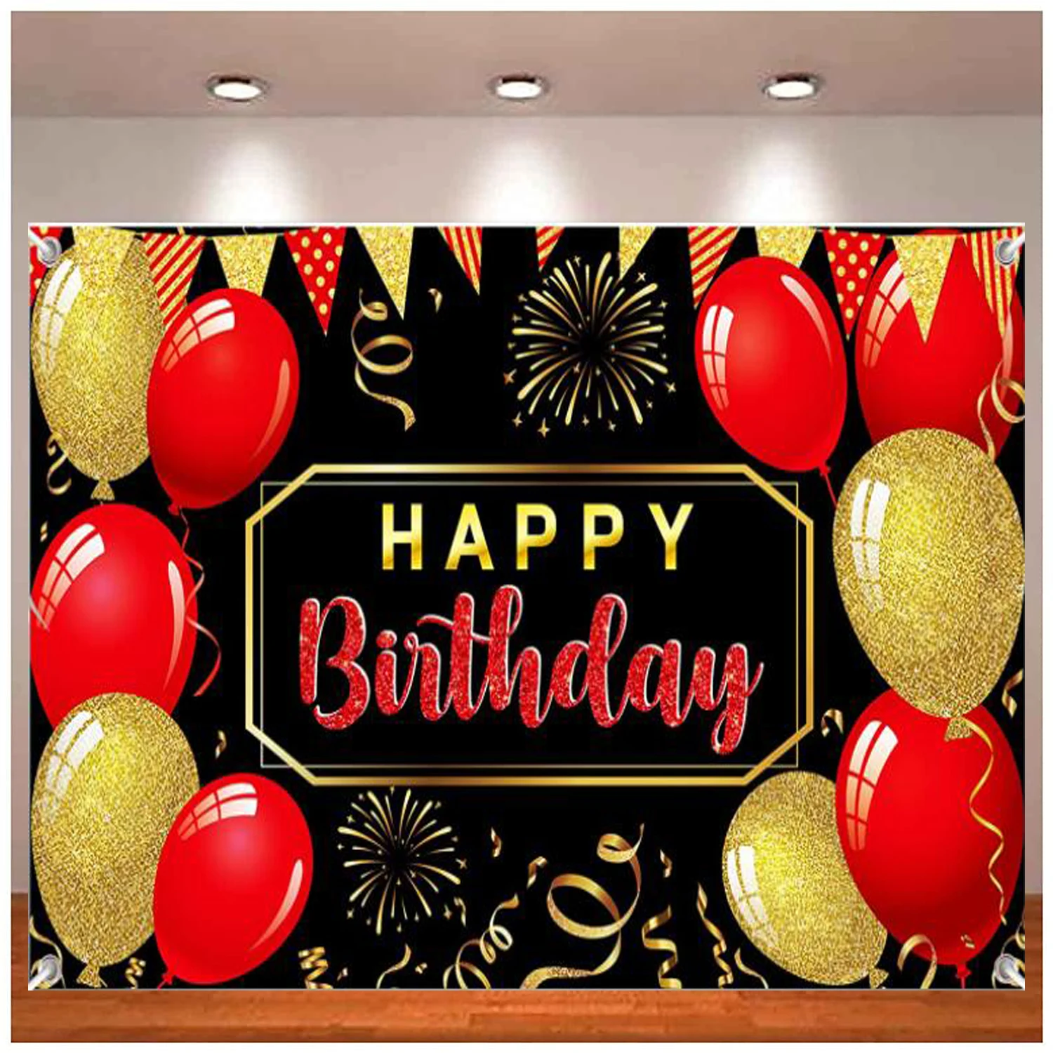 

Photography Backdrop Banner Happy Birthday Party Decoration Printed with Large Red Black And Gold Balloons Background Banner