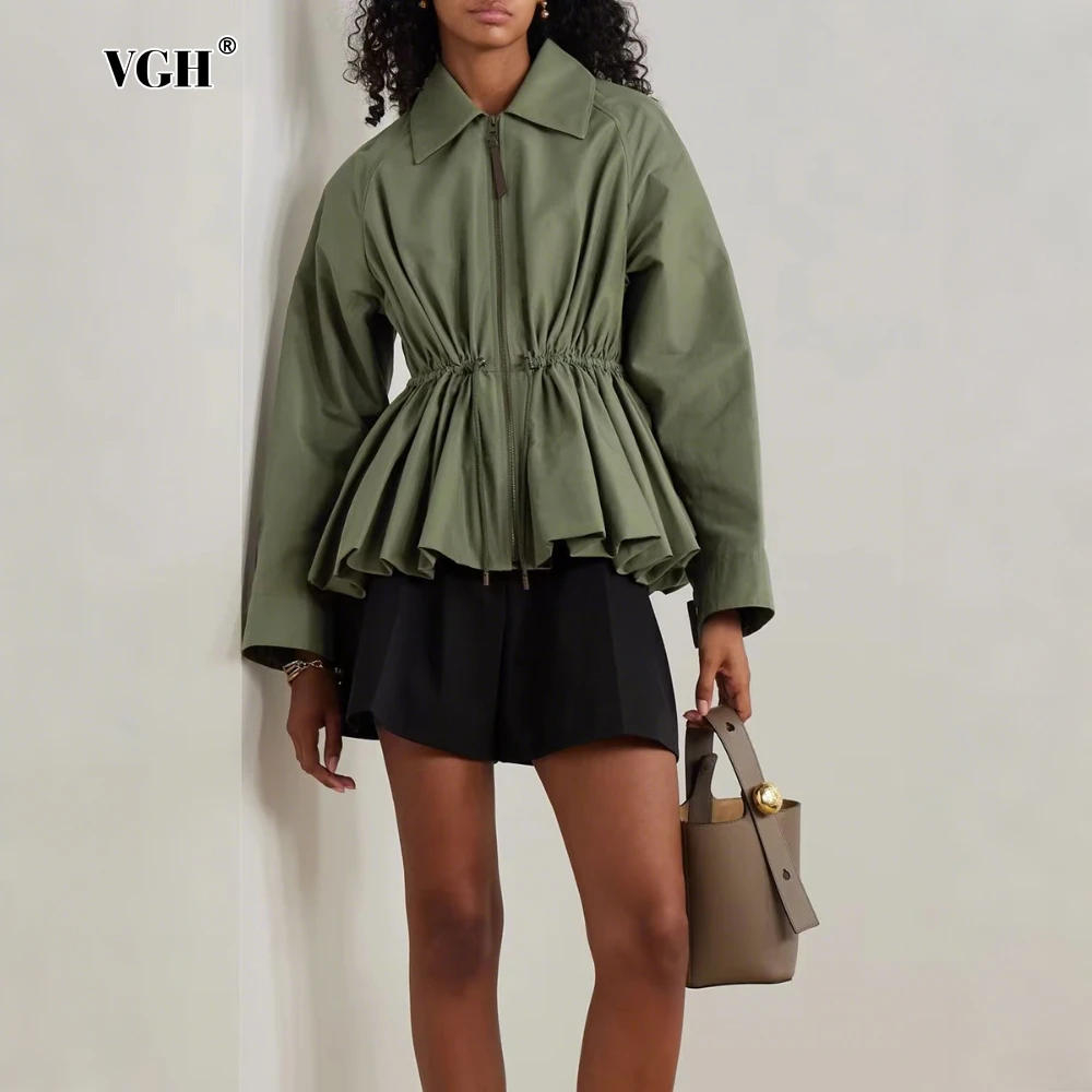 

VGH Casual Basics Spliced Zipper Coat for Women Lapel Flare Sleeves Tunic Patchwork Drawstring Puff Hem Jacket Female Autumn New