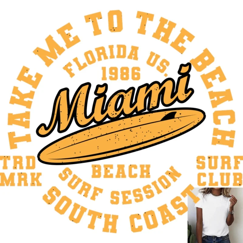 Miami Beach Surf Theme Heat Transfer White Ink Iron - on Patch, Retro Trendy Print, Suitable for T - shirts, Canvas Bags and