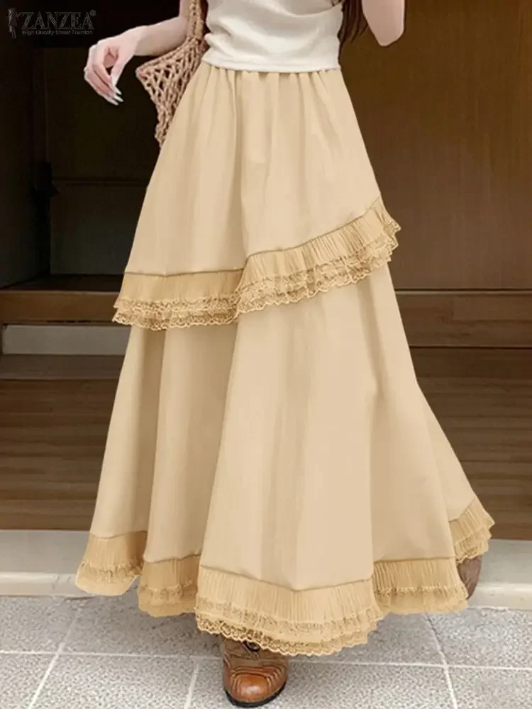 2025 ZANZEA Women Elegant Lace Patchwork Skirt Maxi Long Skirts Autumn Casual Elastic Waist Party Jupe A-line Loose Faldas Saia