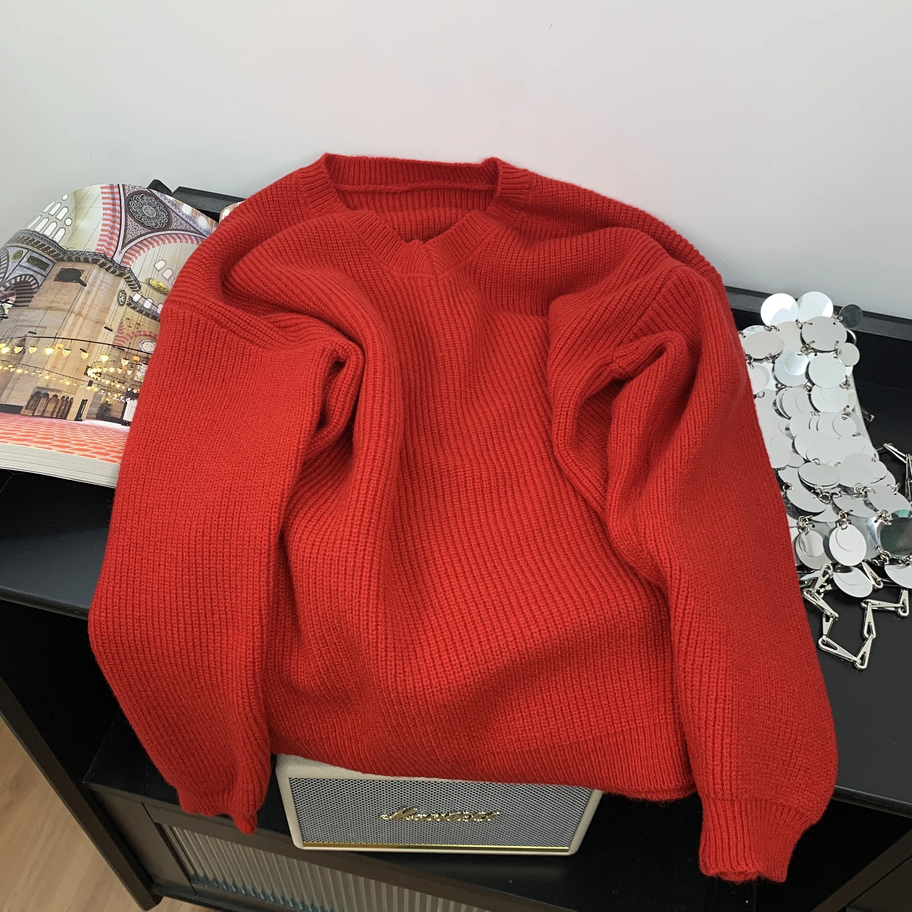 

2025 New Year Christmas Autumn Winter Red V Neck Knitting Pullovers Tops Chic Fashion Women Lantern Sleeve Warm Loose Sweater