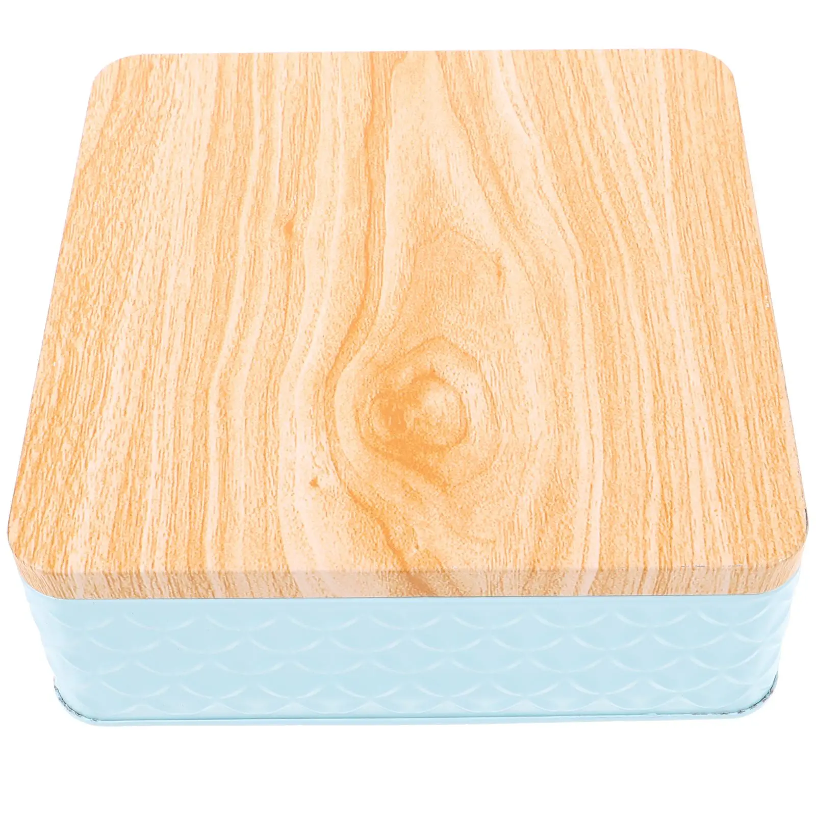 

1PC Square Blue Iron Tin Box for Cake Cookies Snacks Airtight Storage Containers Gift Packaging Wooden Lid Keeps Fresh