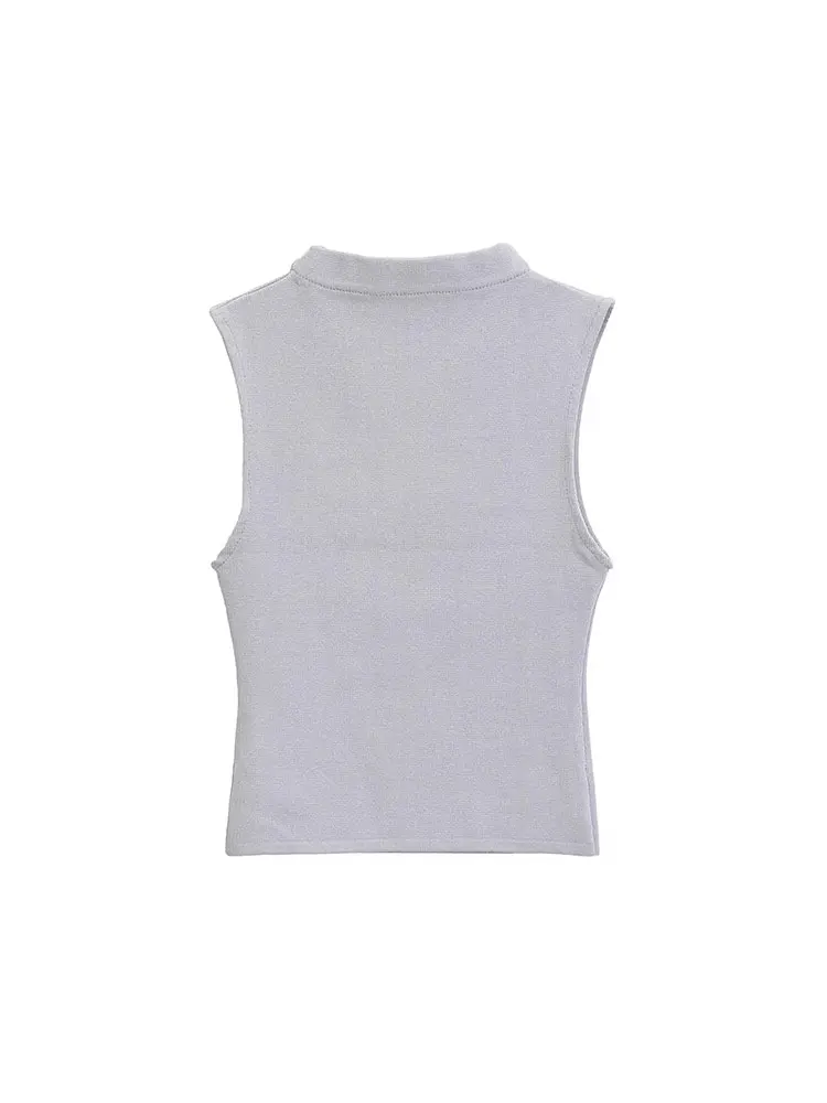 TRAF Spring Summer Fashion Women Half High Collar Sleeveless Top Casual Slim Solid Blouses