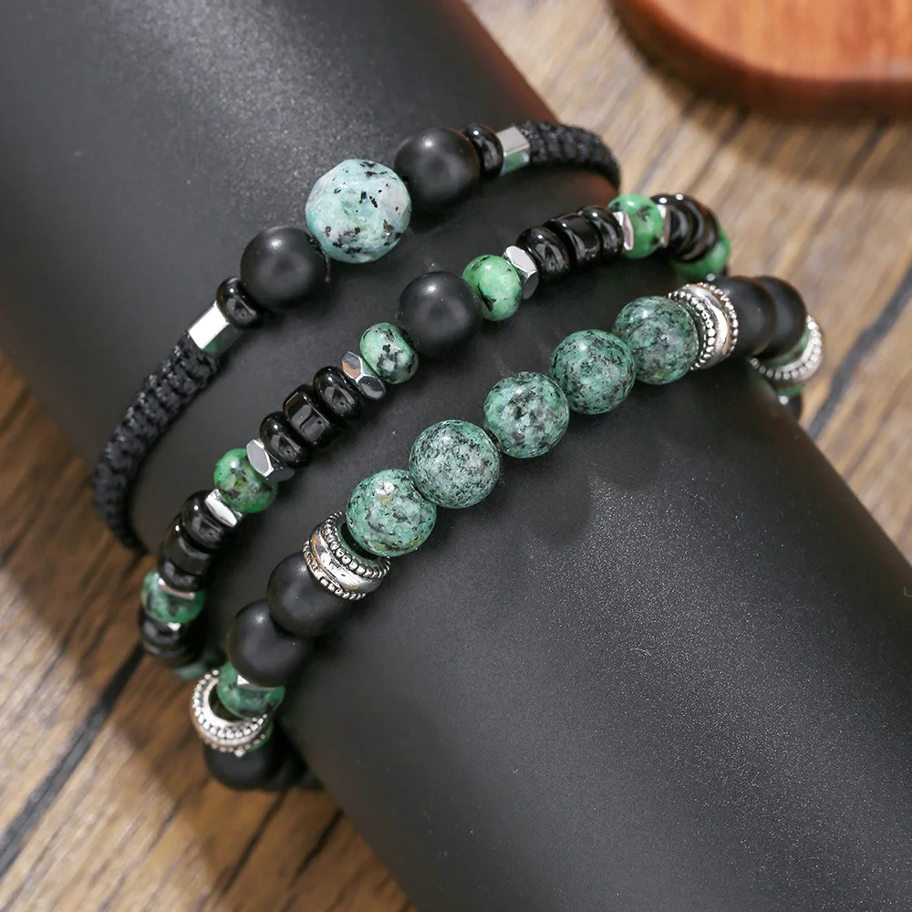 3PCS/SET Ethnic Style Layered Braided Rope Africa Stone Woven Bracelet Set for Men Stacked Black Beaded Bracelets Man Wristband