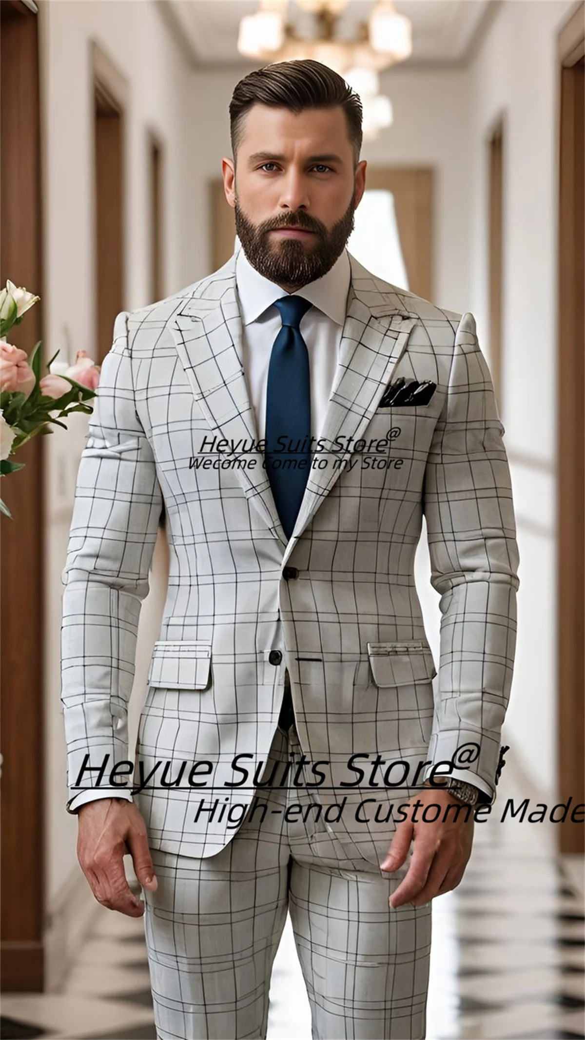 

Business White Plaid Men Suits Customized Slim Fit Peak Lapel Groom Wedding Tuxedos 2Pieces Sets Male Prom Blazers Costume Homme