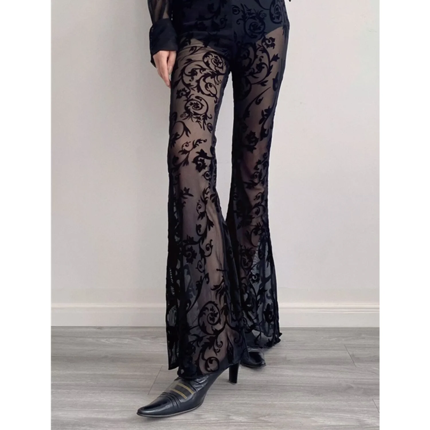 Flare Pants Sexy Women Sheer Lace Patchwork Pants Black High Waist Vintage Hollow Out Ladies Bell-Bottoms New Beachwear Trousers