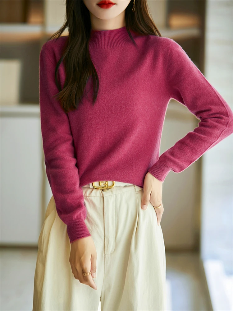 Merino Wool Sweater Women's Semi High Neck Casual Fashion Base Sweater Soft Knit Sweater