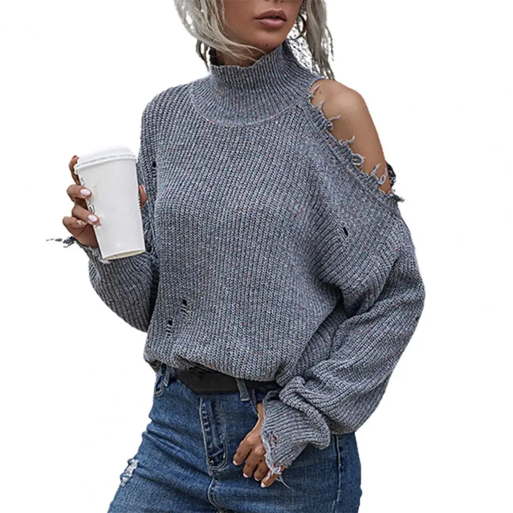 

High Collar Knitting Sweater Off Shoulder Women Batwing Long Sleeve Ripped Jumpers for Office Knitwear