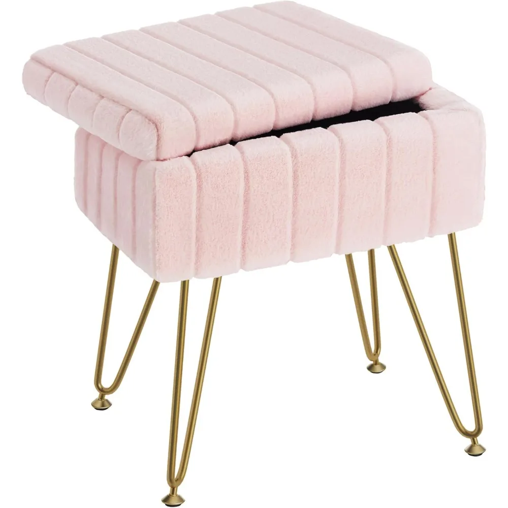 

Vanity Stool Chair Faux Fur with Storage,15.7"L x11.8"W x19.4"H Soft Ottoman 4 Metal Legs with Anti-Slip Feet, Furry Padded Seat