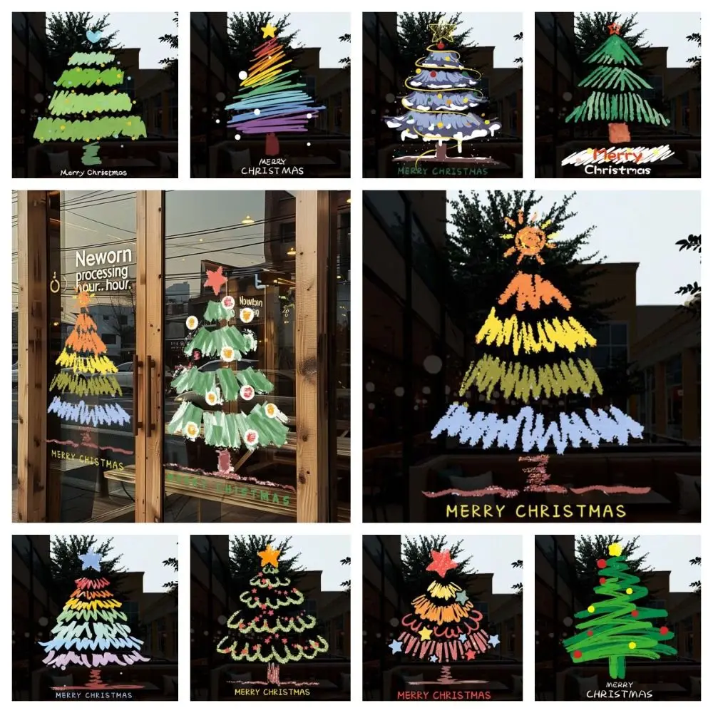 Colorful Christmas Tree Stickers Over Size Portable Glass Electrostatic Film Foldable Visible on Both Sides