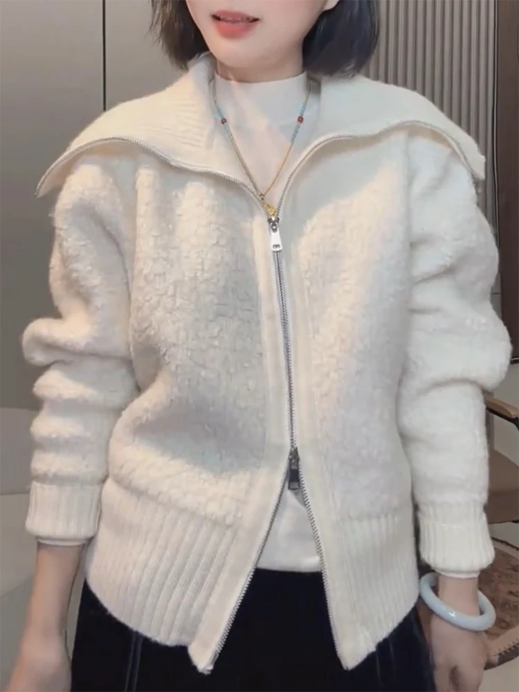 

Korean Sle Luxury Furry Knitted Open Cardigan Women's plus Size Collared Sweater Sli Slimming Top for Autumn Winter