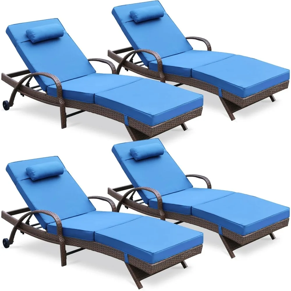 Outdoor Lounge Chairs Set of 4 Beach Wikcer Chaise Lounge with Wheels, Cushion, Adjustable Backrest for Outside Pool Sun Shelf