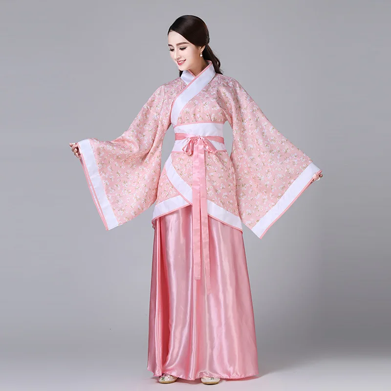Chinese Traditional Hanfu Wide Floral Print Cross Collar Ancient Costume Guzheng Stage Recital Wedding Oriental Cosplay Dress