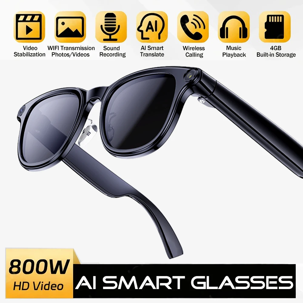 4K AI Smart Glasses 8MP Camera Recording Videos Photo Recognition Translation Bluetooth Call Sunglasses Waterproof Long Battery