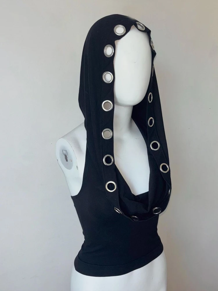 Y2K-Top negro de talla grande con capucha y anillos de Metal, Top sin mangas, chaleco de punto elástico ajustado Punk, Top de capa interior para fiesta callejera para mujer