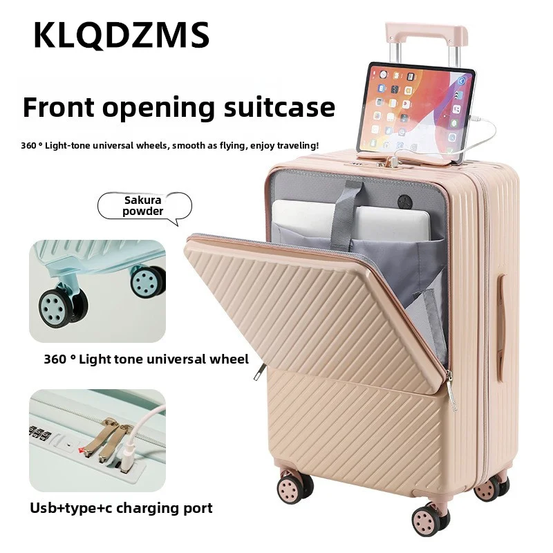 KLQDZMS New Suitcase Front Opening Laptop Boarding Case USB Charging Multi-function Trolley Case 20