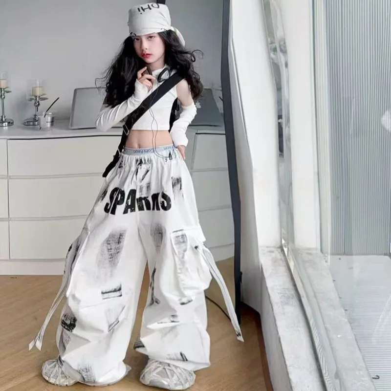 Girls Clothes Sets Jazz Split sleeve Cotton Tees Top & Loose Alphabet graffiti Trousers Children's Chic Girl Pants 2 Pieces Sets