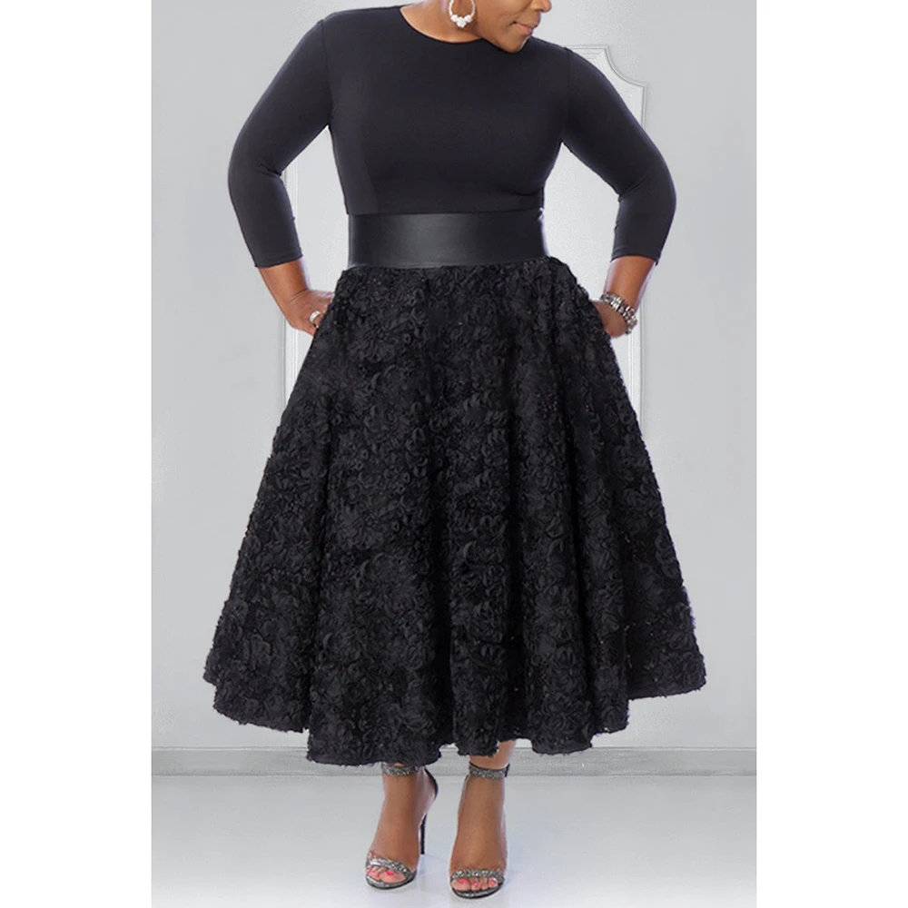 Plus Size Semi Formal Black A-line Dress Long Sleeve Sequin Solid Pleated Midi Dress