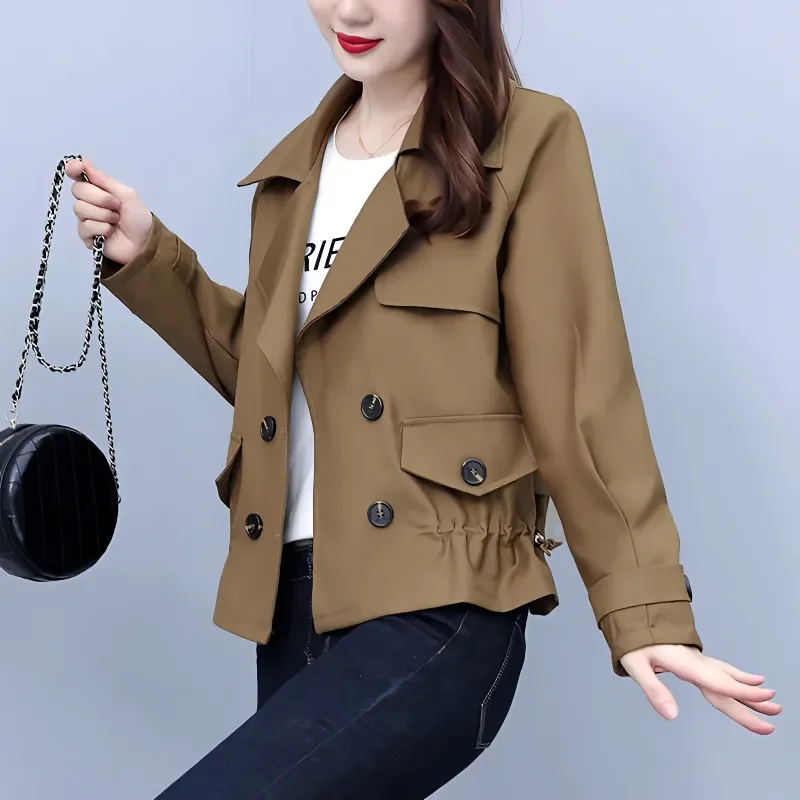 Women's Double Breasted Slim Fit Jacket With Button Closure And Pockets For Casual Spring Autumn Wear