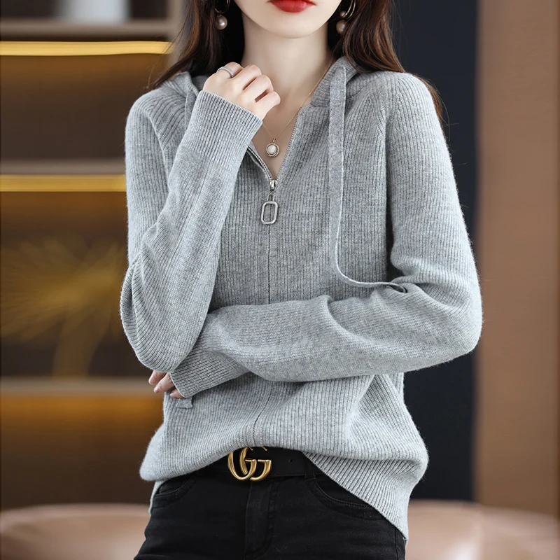 DjzDsm Autumn/Winter New 100% Pure Wool Zipper Hoodie Fashionable and Versatile Knitted Long Sleeve Sweater Pullover shirt