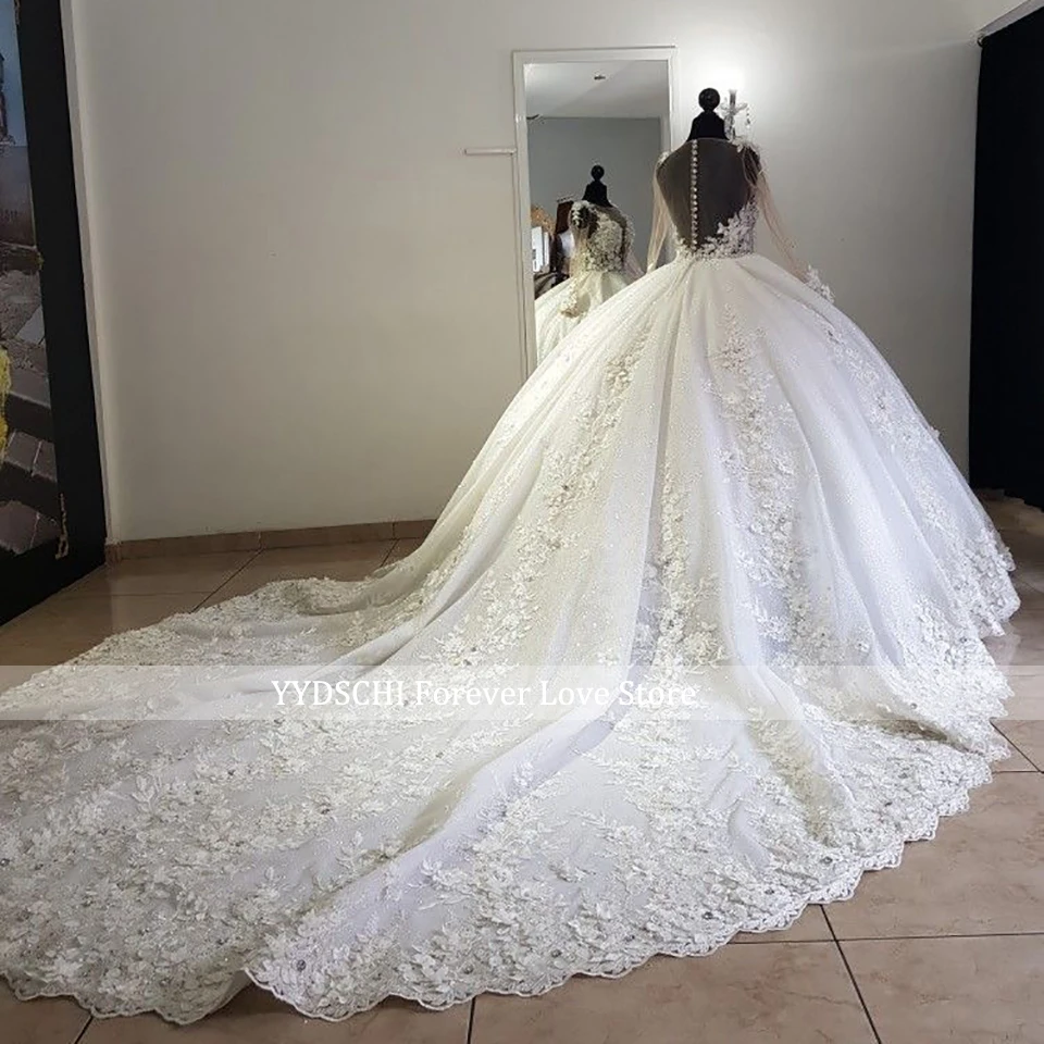 Customized Luxury Appliques Ball Gown Wedding Dress 2024 Illusion Long Sleeves Appliques Beaded Bride Gowns Vestido De Noiva