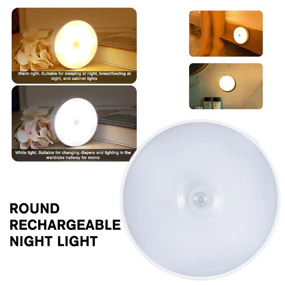 LED Round Night Light USB Rechargeable Wall Night Lamp Staireway Kitchen Home Bedroom White Hallway Bathroom Nightlight O8R1