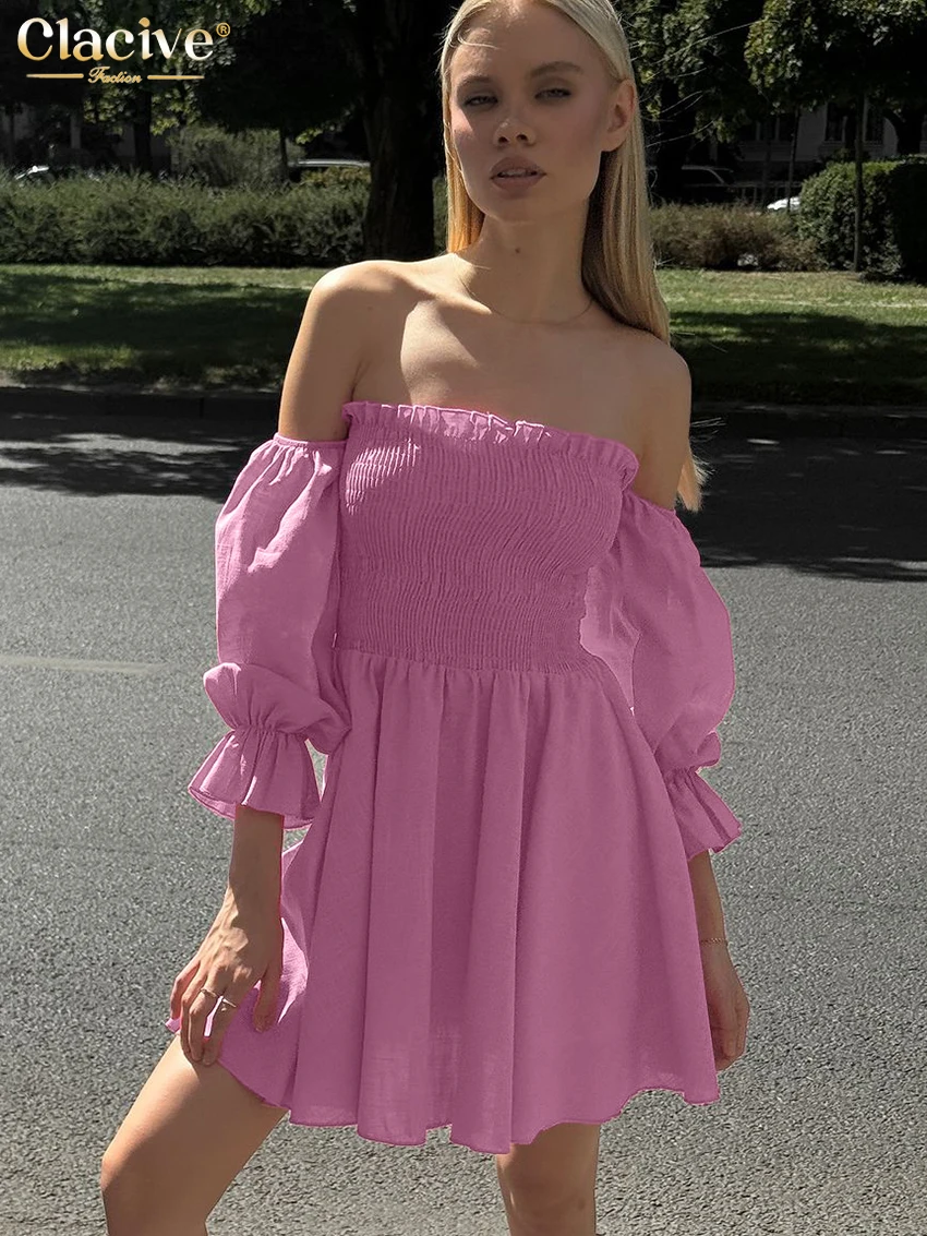 

Clacive Fashion Loose Pink Cotton Women's Dress 2025 Sexy Slash Neck Short Sleeve Mini Dresses Elegant Pleated Female Dress