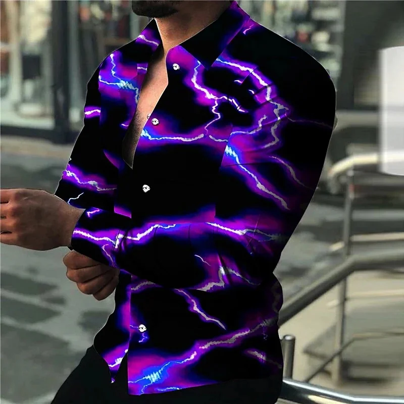 Men's Long-Sleeved Shirt with Trendy Purple Lightning Flash Print Design, Stylish and Casual Open-Front Top,