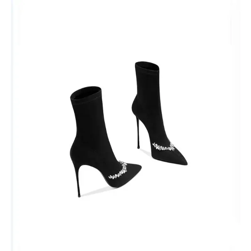 

2024 Autumn Women's Narrow Pointed Boots, Diamond Black High Heels, Fashion, Party Evening Dress,