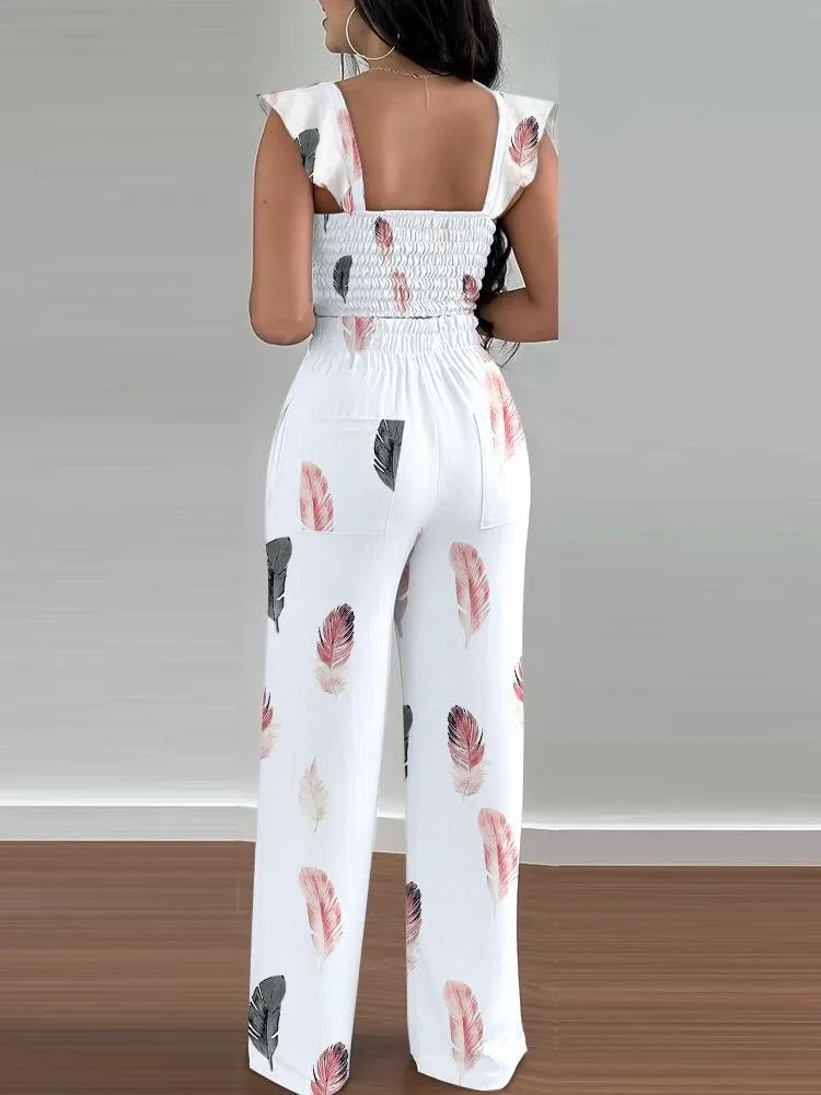 Sexy V Neck Sleeveless Shirt Long Pant Set Office Lady Spring Summer Print Blouse Pants Two Piece Sets For Women Outfit 2023