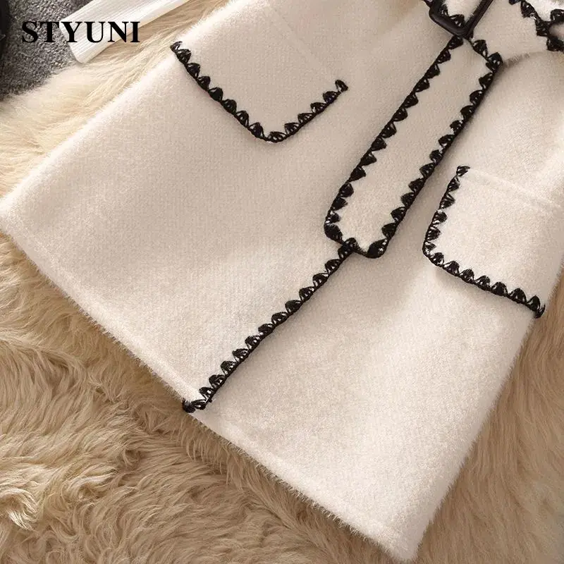 Woolen Vintage Turn-Down Collar High Waist With Belt Dresses Knitted Sweaters Pullover Two-piece Set Womens Dress Suit 2024