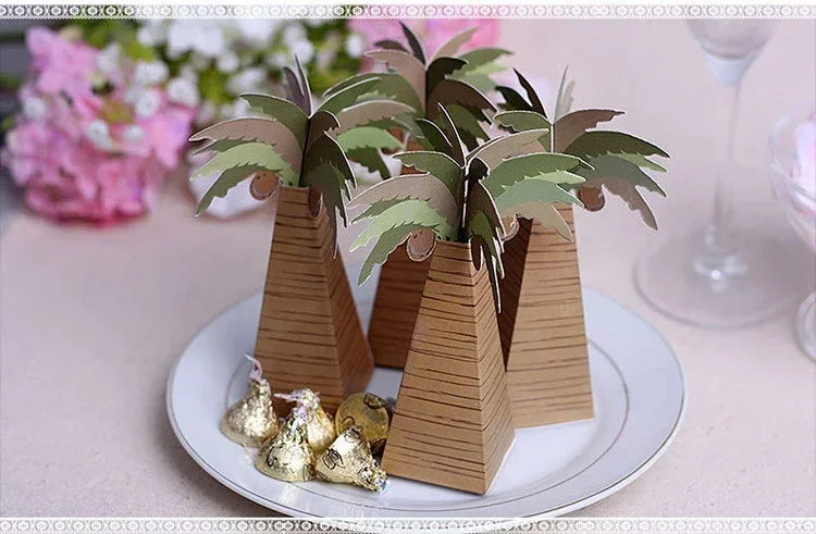 10Pc Tropical Hawaiian Coconut Palm Tree Chocolate Candy Box Gift Packing Boxes for Aloha Luau Wedding Birthday Party Decoration
