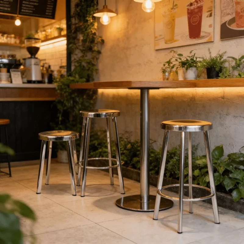 Modern Minimalist Stainless Steel Bar Stool Silver Metal Round Counter Stool Premium High‑Rise Seat for Pub Bistro Furniture