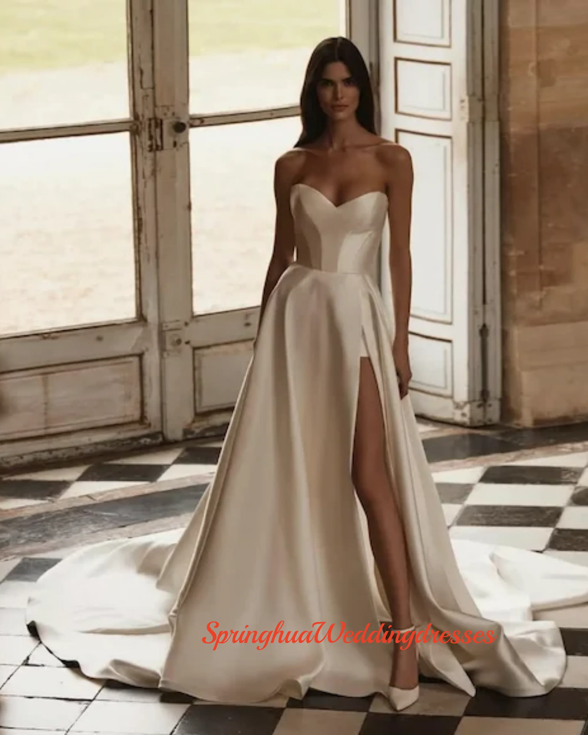 

Свадебное платье трапециевидной формы по индивидуальному заказу, длиной до пола, с боковым разрезом, свадебное платье на молнии сзади, со шлейфом, платья de no