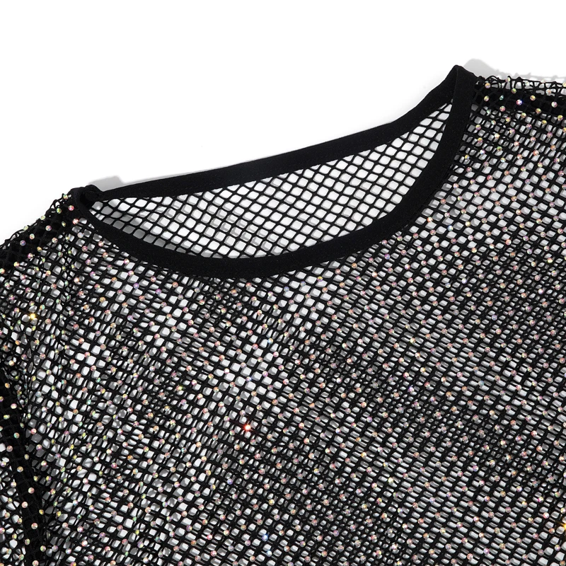 Imagem -04 - Leqoel-fishnet Malha See-through Camisas para Mulheres Sexy Tee Tops sem Encosto Manga Comprida Strass Perfuração Roupa Feminina 2023