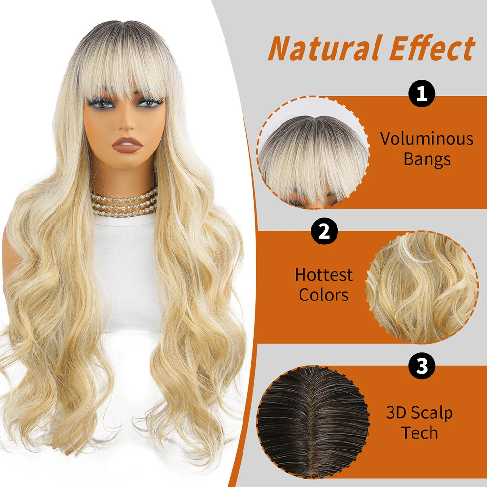 High-Level Golden Ombre Synthetic Straight Hair/Wavy Hair Is A Natural And Heat-Resistant Wig Suitable For Women'S Daily Parties